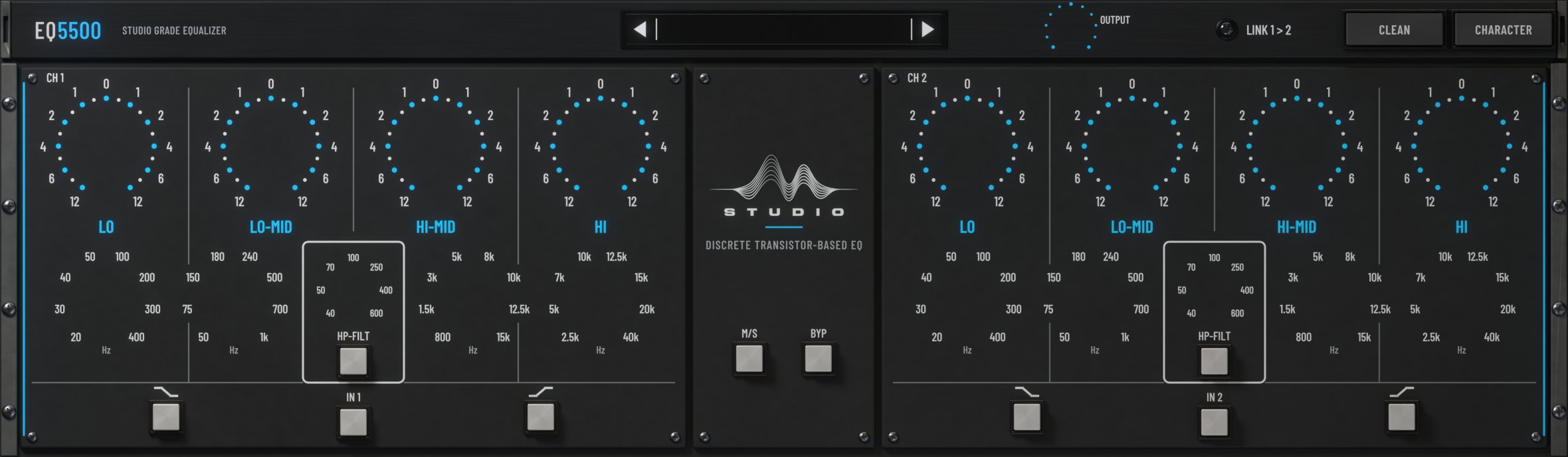 The EQ5500 plugin window: two channels of four bands, HP-FILT, M/S and BYP, the preset strip